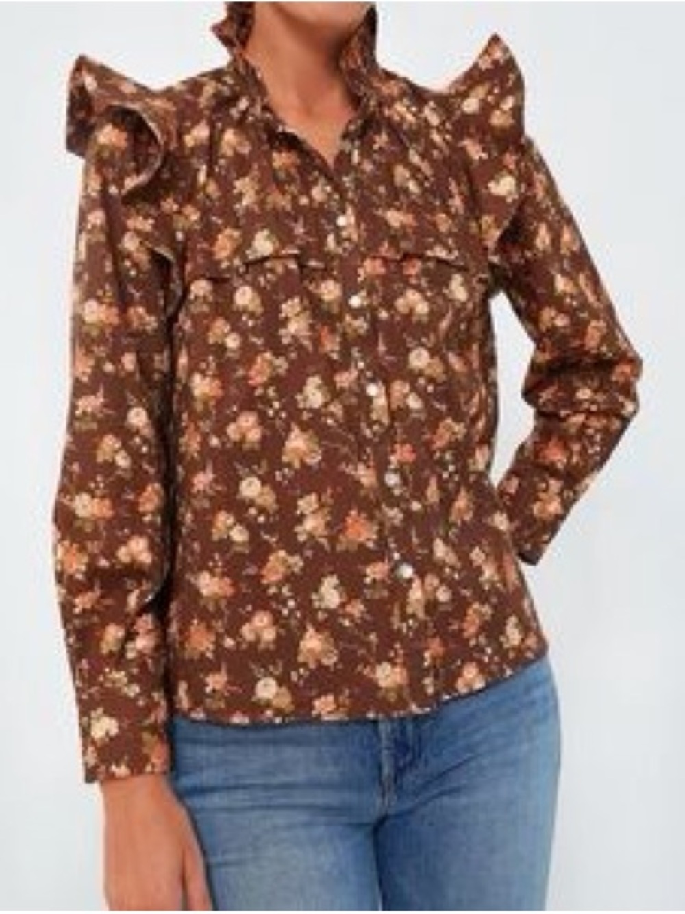 Tuckernuck Brown Rosewood Chintz Ruffle Winnie Snap Button Blouse Sz Medium